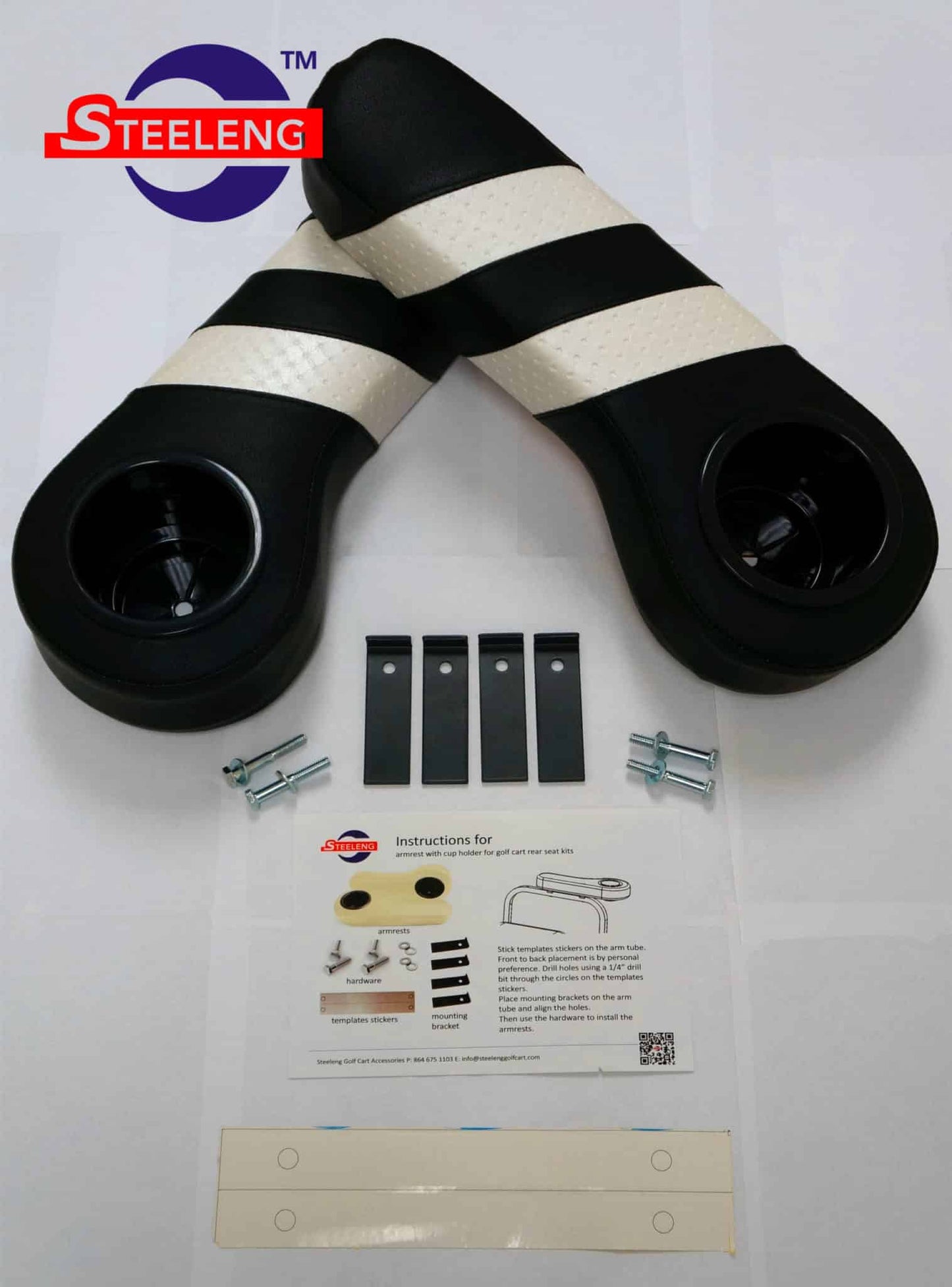 AR0003 – SGC Golf Cart Rear Seat Armrests Cushion w/ Cup Holders (Black/White) Two Stripes