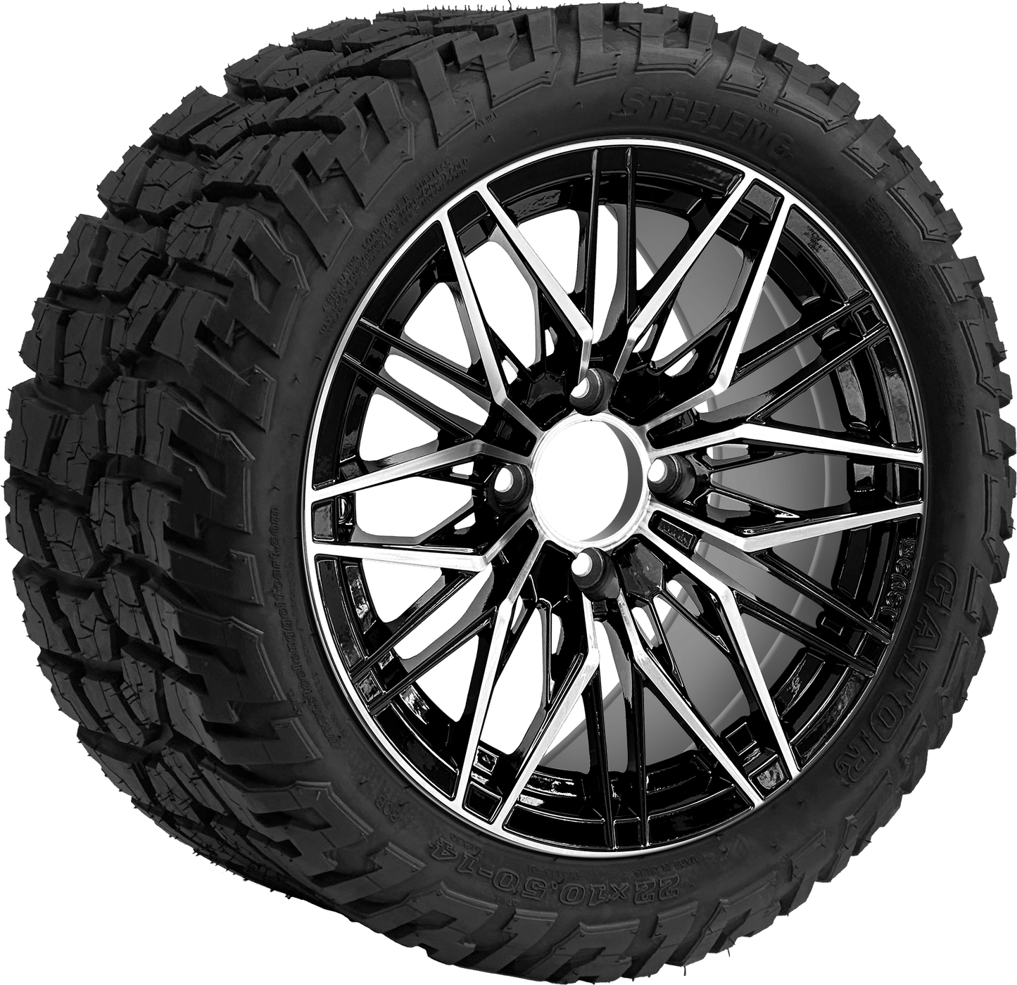 BNDL-TR1401-WH1435-LN0004-CC0025 – SGC 14″ Hornet Machined Black Wheel – Aluminum Alloy / STEELENG 22″x10.5″-14″ GATOR All Terrain DOT Approved - Set of 4