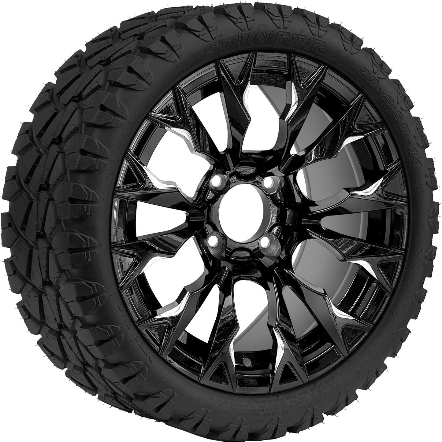 BNDL-TR1402-WH1449-LN0001-CC0025 – SGC 14″ Goblin Machined Black Wheel – Aluminum Alloy / STEELENG 20″x8.5″-14″ STINGER AT Tire DOT Approved - Set of 4