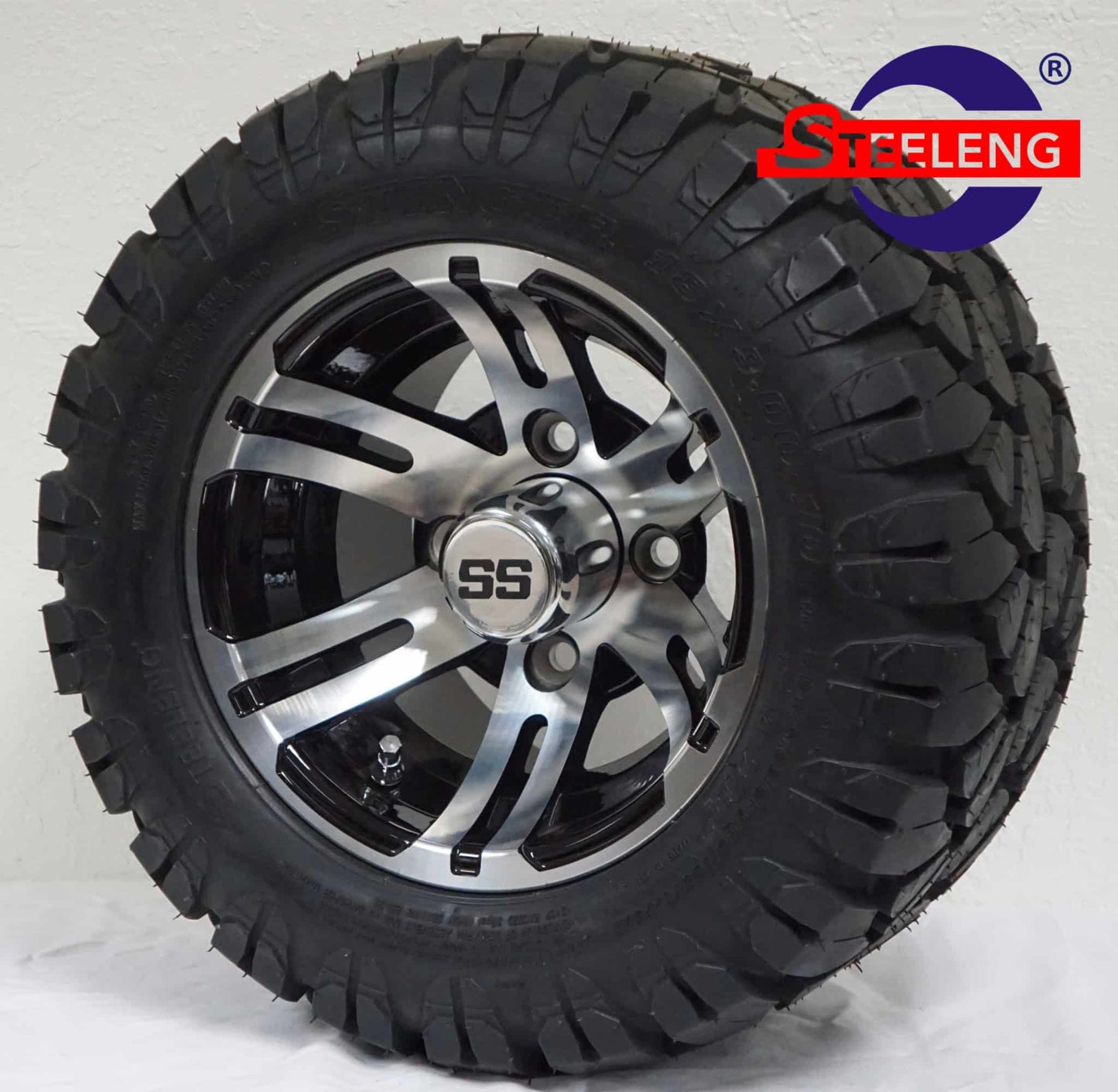 BNDL-TR1004-WH1004-LN0001-CC0001 – SGC 10″ Bulldog Machined/Black Wheel – Aluminum Alloy / STEELENG 18″x9″-10″ STINGER All Terrain Tire DOT approved - Set of 4