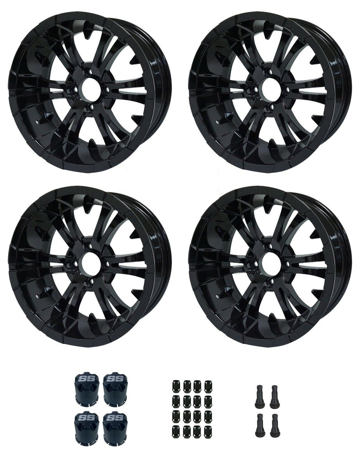 BNDL-WH1414 – STEELENG 14″ Black ‘VAMPIRE’ Aluminum Wheels (SET OF 4 with Center Caps and Lug Nuts)