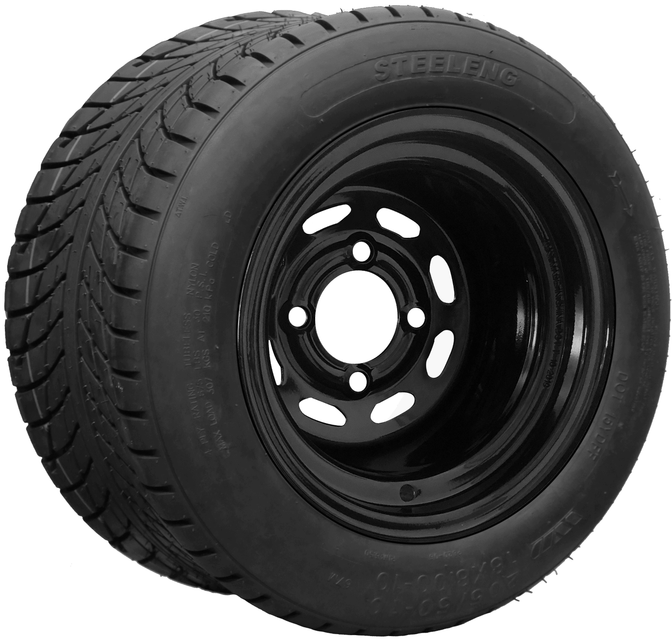 BNDL-TR1011-SW1001 – SGC 10″ Steel Wheel – Black – Slotted / STEELENG 205/50-10 Low Profile Tire DOT Approved - Set of 4