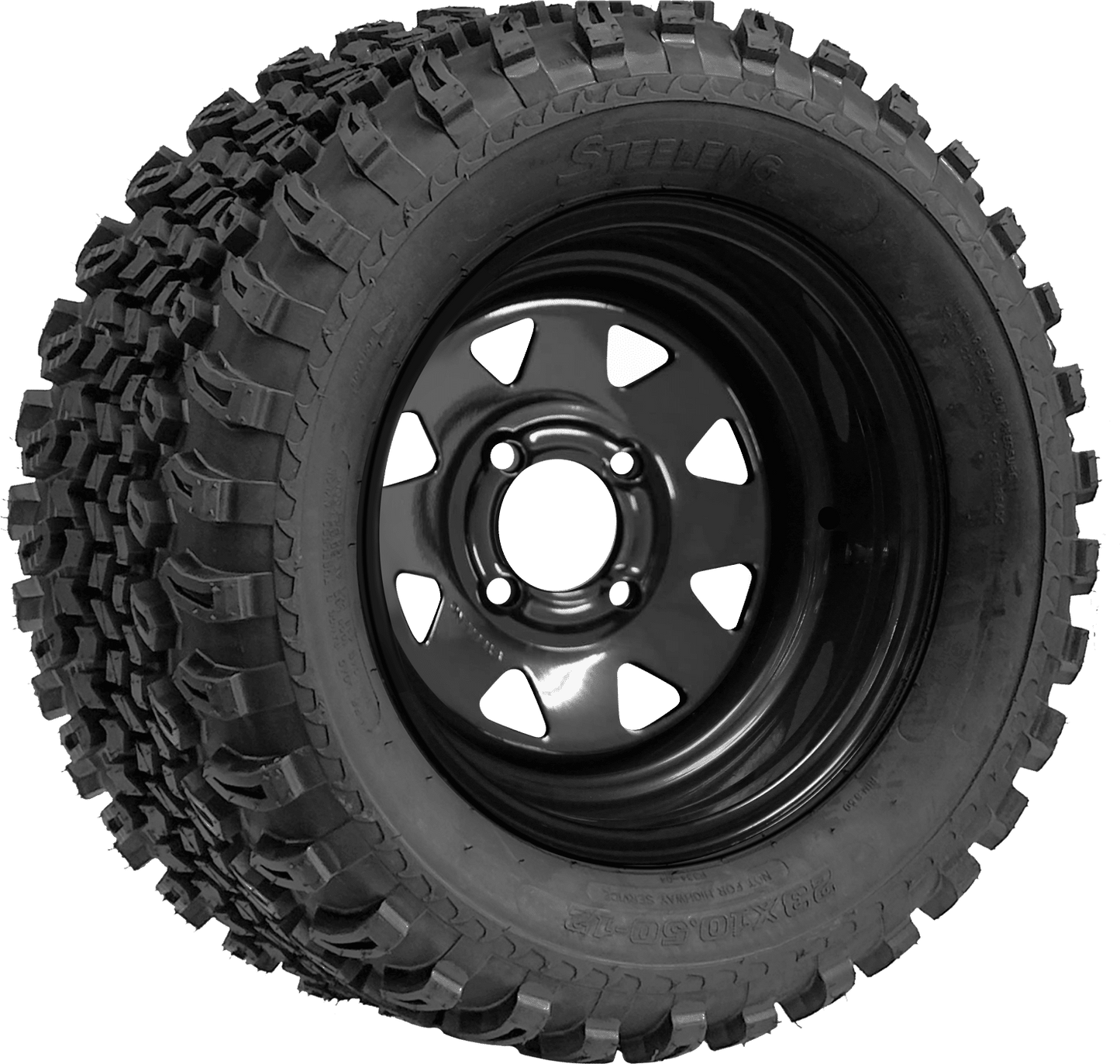 BNDL-TR1205-SW1201 – SGC 12″ Steel Wheel – Black – Slotted / STEELENG 23″x10.5″-12″ All Terrain Tire - Set of 4