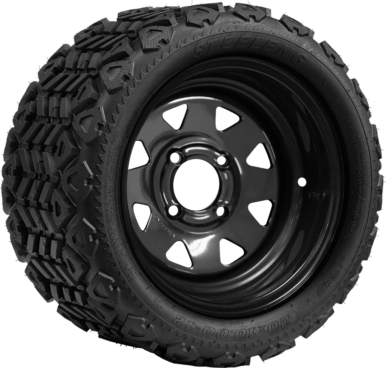 BNDL-TR1207-SW1201 – SGC 12″ Steel Wheel – Black – Slotted / STEELENG 20″x10″-12″ All Terrain Tire DOT approved - Set of 4