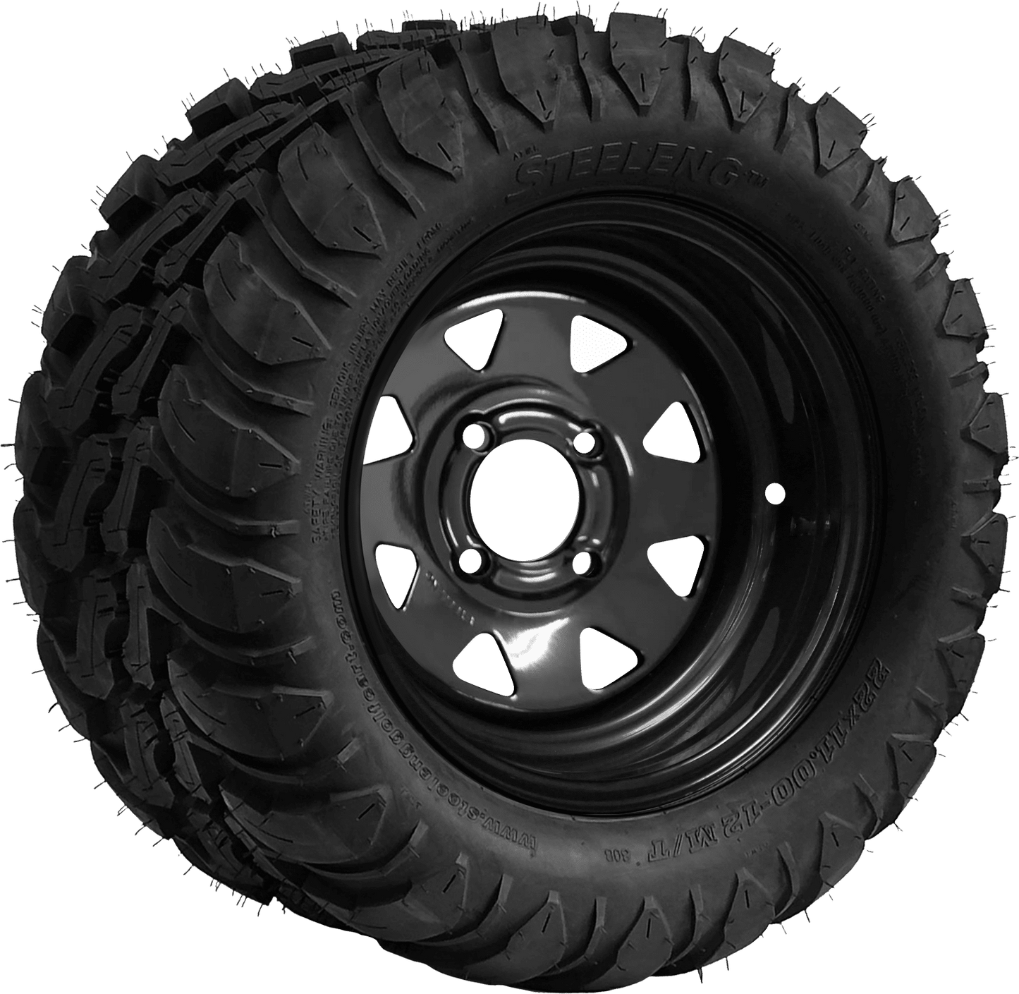 BNDL-TR1209-SW1201 – SGC 12″ Steel Wheel – Black – Slotted / STEELENG 22″x11″-12″ Mud Terrain / All Terrain Tire DOT Approved - Set of 4