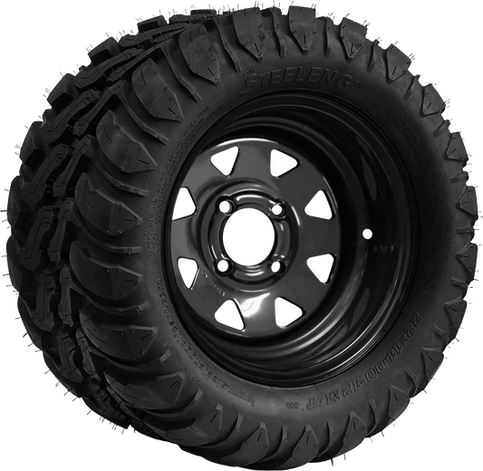 BNDL-TR1209-SW1201 – SGC 12″ Steel Wheel – Black – Slotted / STEELENG 22″x11″-12″ Mud Terrain / All Terrain Tire DOT Approved - Set of 4