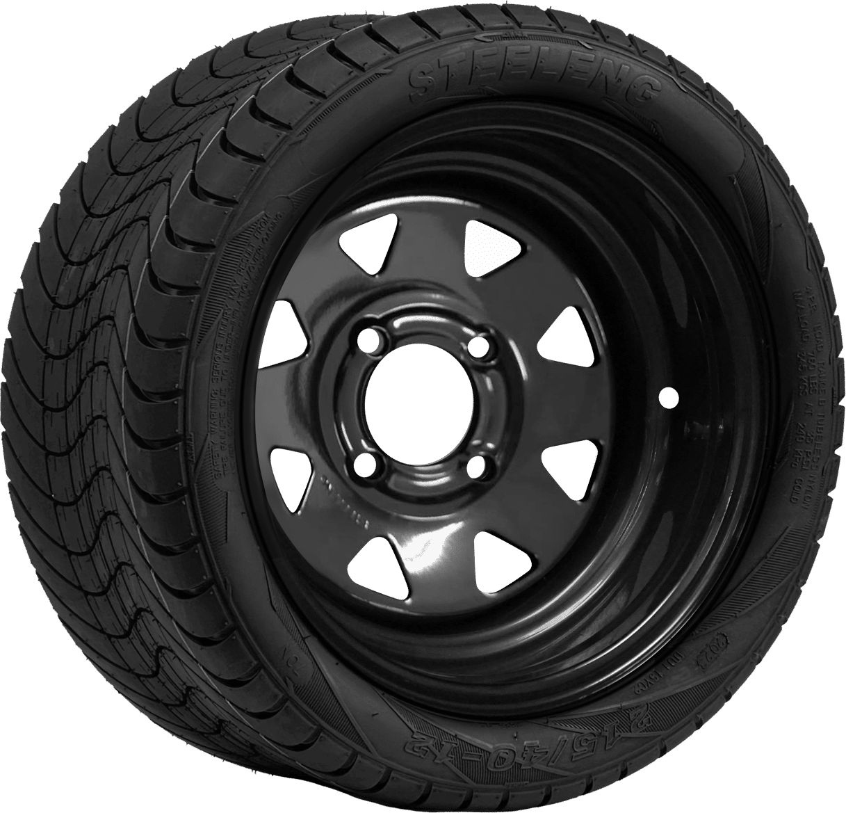 BNDL-TR1211-SW1201 – SGC 12″ Steel Wheel – Black – Slotted / STEELENG 215/40-12 Low Profile Tire DOT Approved - Set of 4