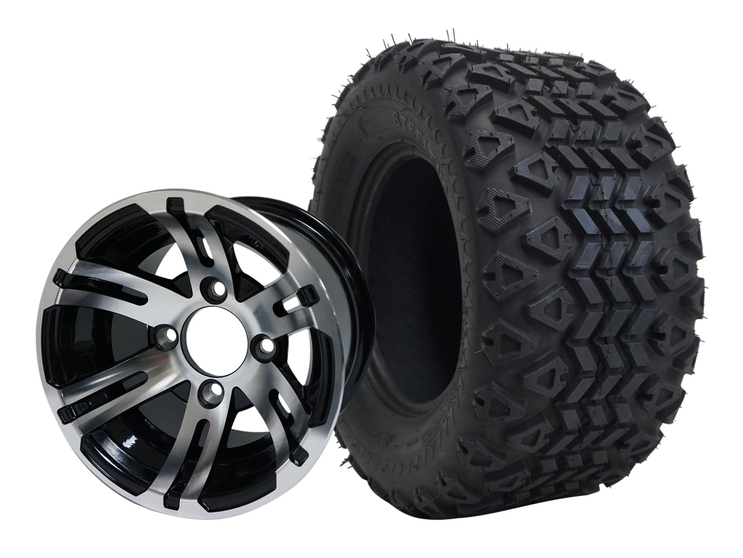 BNDL-TR1007-WH1004-LN0001-CC0001 – SGC 10″ Bulldog Machined/Black Wheel – Aluminum Alloy / STEELENG 20″x10″-10″ All Terrain Tire DOT approved - Set of 4