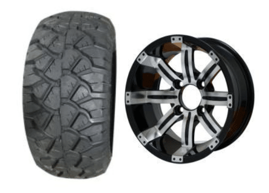 BNDL-TR1004-WH1016-LN0001-CC0001 – SGC 10″ Tempest Machined/Black Wheel – Aluminum Alloy / STEELENG 18″x9″-10″ STINGER All Terrain Tire DOT approved - Set of 4