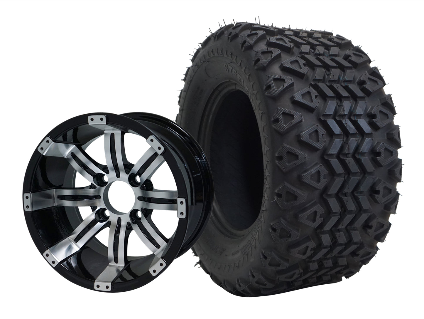 BNDL-TR1007-WH1016-LN0001-CC0001 – SGC 10″ Tempest Machined/Black Wheel – Aluminum Alloy / STEELENG 20″x10″-10″ All Terrain Tire DOT approved - Set of 4