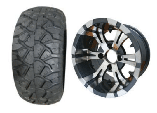 BNDL-TR1004-WH1021-LN0001-CC0001 – SGC 10″ Vampire Machined/Gunmetal Wheel – Aluminum Alloy / STEELENG 18″x9″-10″ STINGER All Terrain Tire DOT approved - Set of 4