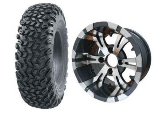 BNDL-TR1005-WH1021-LN0001-CC0001 – SGC 10″ Vampire Machined/Gunmetal Wheel – Aluminum Alloy / STEELENG 22″x11″-10″ All Terrain Tire DOT approved - Set of 4