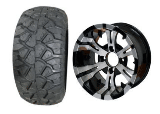 BNDL-TR1004-WH1022-LN0001-CC0001 – SGC 10″ Vampire Machined/Black Wheel – Aluminum Alloy / STEELENG 18″x9″-10″ STINGER All Terrain Tire DOT approved - Set of 4