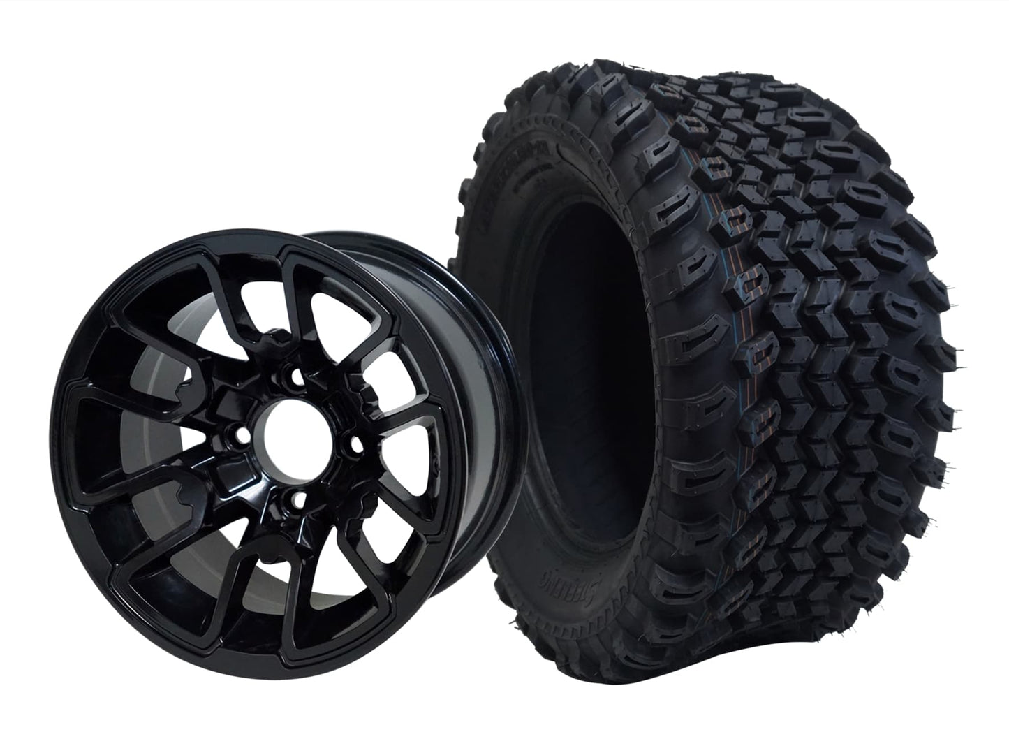 BNDL-TR1205-WH1214-LN0002-CC0002 – SGC 12″ Lizard Glossy Black Wheel – Aluminum Alloy / STEELENG 23″x10.5″-12″ All Terrain Tire - Set of 4