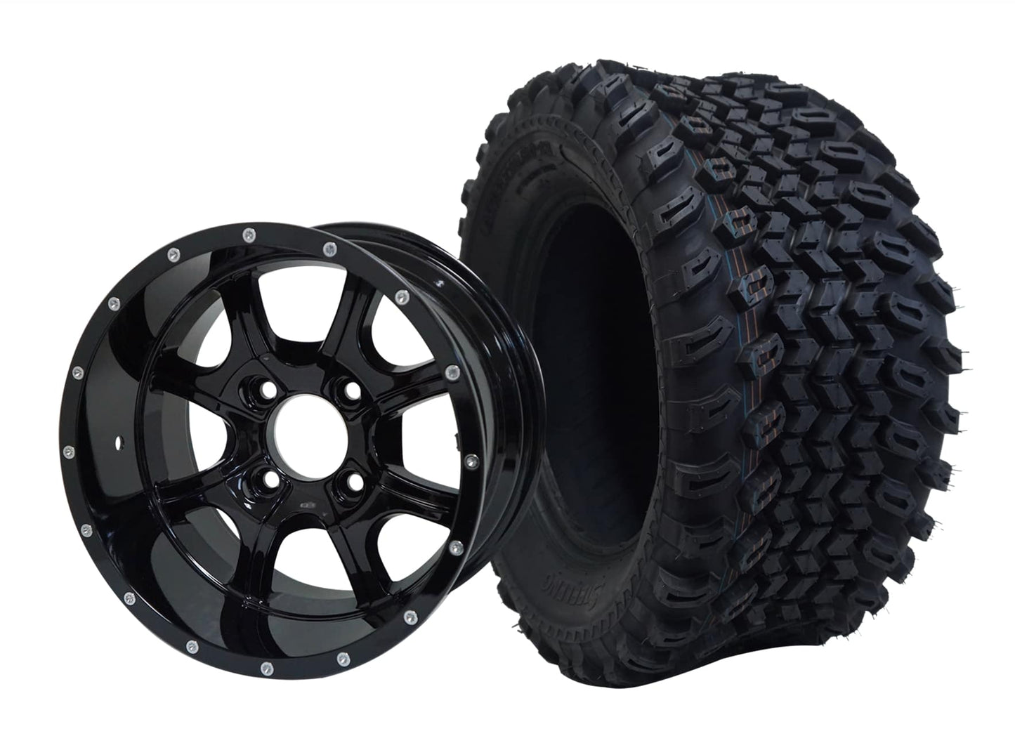 BNDL-TR1205-WH1221-LN0002-CC0002 – SGC 10″ x 7″ Night Stalker Glossy Black Wheel – Aluminum Alloy / STEELENG 23″x10.5″-12″ All Terrain Tire - Set of 4