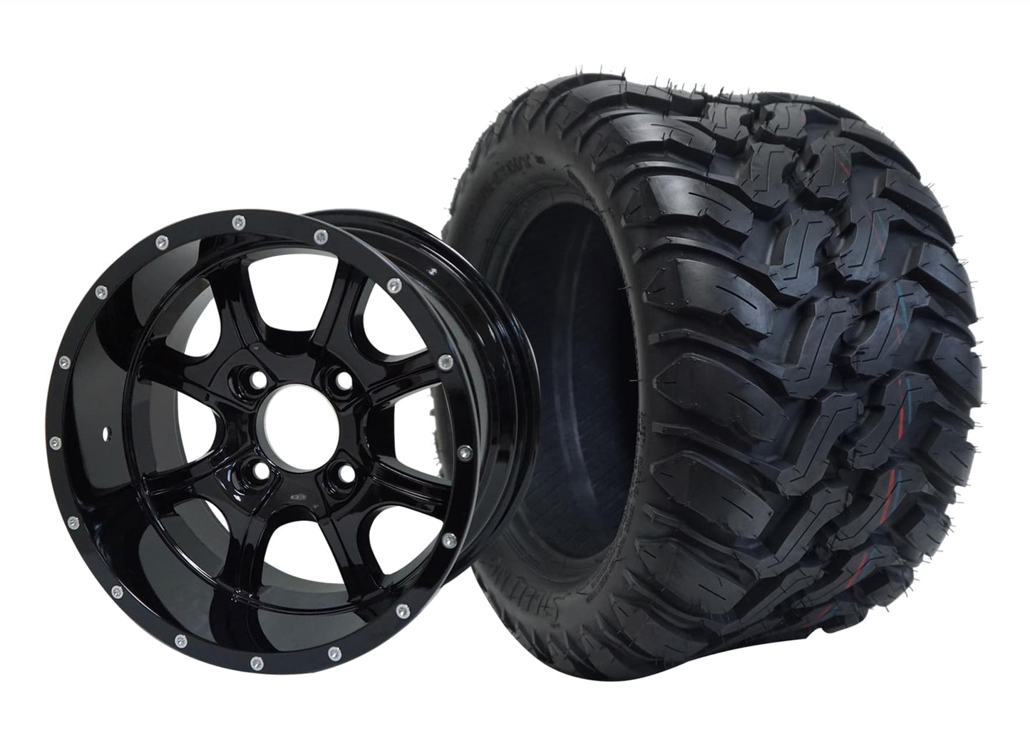 BNDL-TR1209-WH1221-LN0002-CC0002 – SGC 12″ Night Stalker Glossy Black Wheel – Aluminum Alloy / STEELENG 22″x11″-12″ Mud Terrain / All Terrain Tire DOT Approved - Set of 4