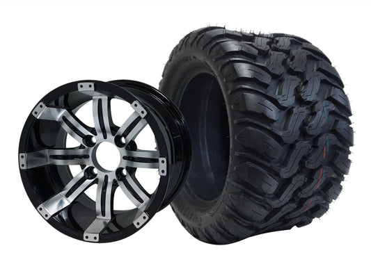 BNDL-TR1209-WH1234-LN0001-CC0001 – SGC 12″ Tempest Machined Black Wheel – Aluminum Alloy / STEELENG 22″x11″-12″ Mud Terrain / All Terrain Tire DOT Approved - Set of 4