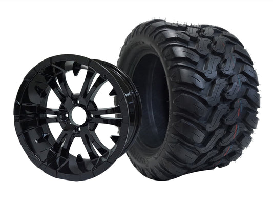 BNDL-TR1209-WH1242-LN0002-CC0002 – SGC 12″ Vampire Glossy Black Wheel – Aluminum Alloy / STEELENG 22″x11″-12″ Mud Terrain / All Terrain Tire DOT Approved - Set of 4