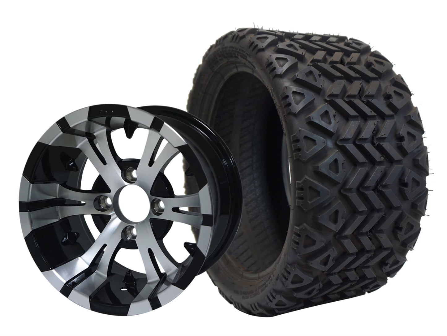 BNDL-TR1207-WH1245-LN0001-CC0001 – SGC 12″ Vampire Machined Black Wheel – Aluminum Alloy / STEELENG 20″x10″-12″ All Terrain Tire DOT approved - Set of 4