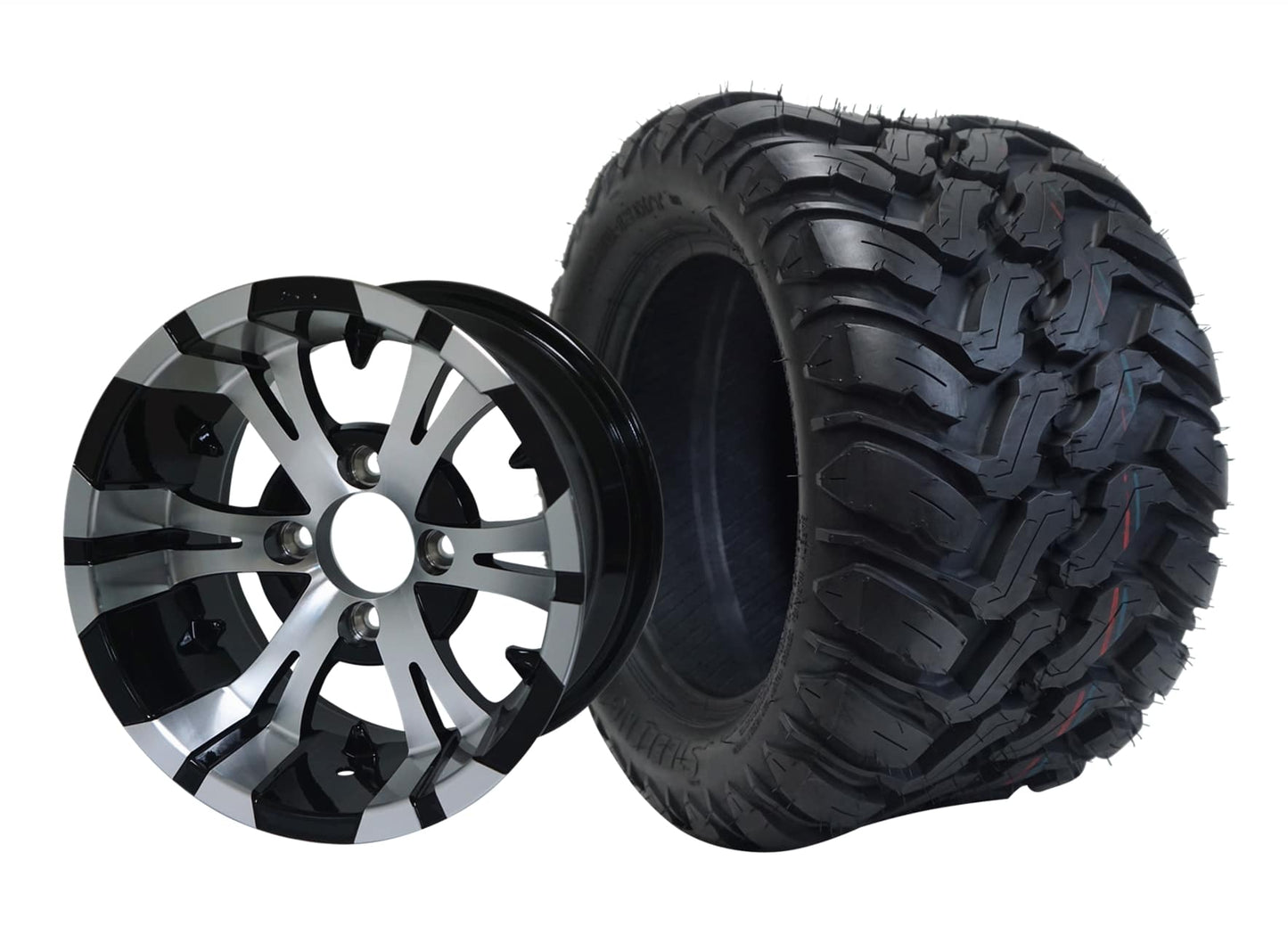 BNDL-TR1209-WH1245-LN0001-CC0001 – SGC 12″ Vampire Machined Black Wheel – Aluminum Alloy / STEELENG 22″x11″-12″ Mud Terrain / All Terrain Tire DOT Approved - Set of 4