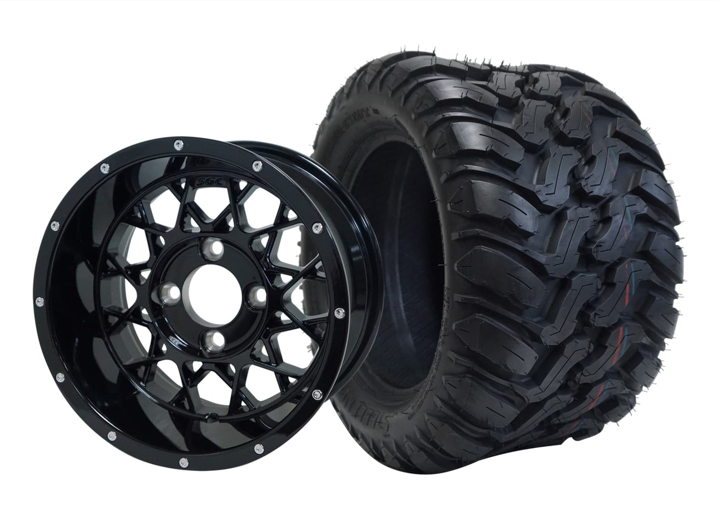 BNDL-TR1209-WH1250-LN0002-CC0002 – SGC 12″ Venom Glossy Black Wheel – Aluminum Alloy / STEELENG 22″x11″-12″ Mud Terrain / All Terrain Tire DOT Approved - Set of 4