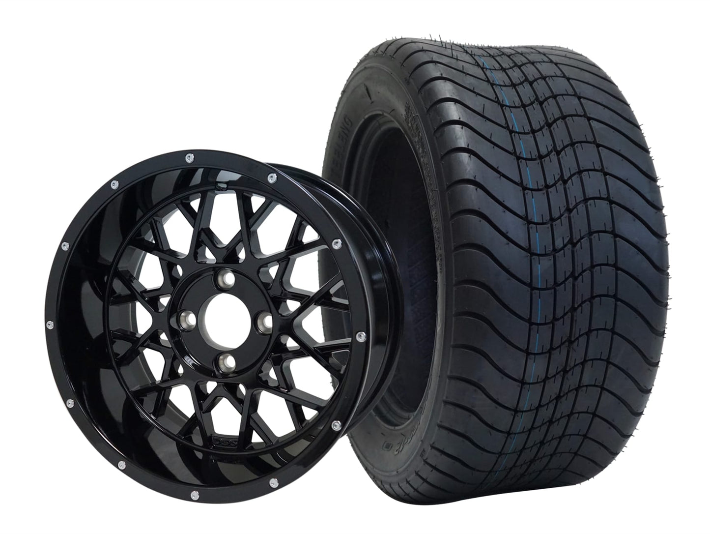 BNDL-TR1213-WH1250-LN0002-CC0002 – SGC 12″ Venom Glossy Black Wheel – Aluminum Alloy / STEELENG 215/50-12 Comfort Ride Street Tire DOT Approved - Set of 4