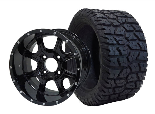 BNDL-TR1401-WH1403-LN0002-CC0002 – SGC 14″ Night Stalker Glossy Black Wheel – Aluminum Alloy / STEELENG 22″x10.5″-14″ GATOR All Terrain Tire DOT Approved - Set of 4