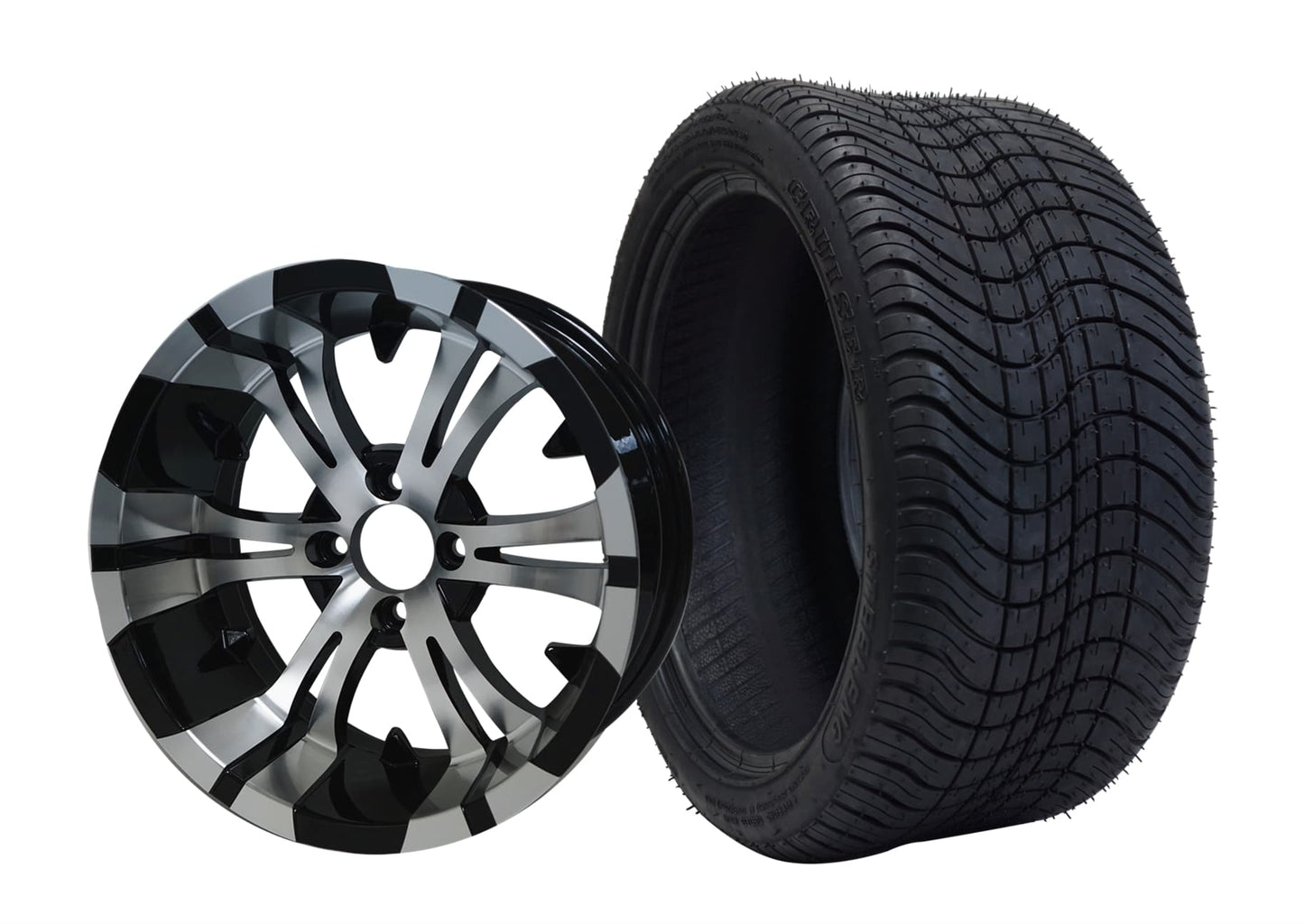 BNDL-TR1401-WH1413-LN0001-CC0001 – SGC 14″ Vampire Machined/Black Wheel – Aluminum Alloy / STEELENG 22″x10.5″-14″ GATOR All Terrain Tire DOT Approved - Set of 4