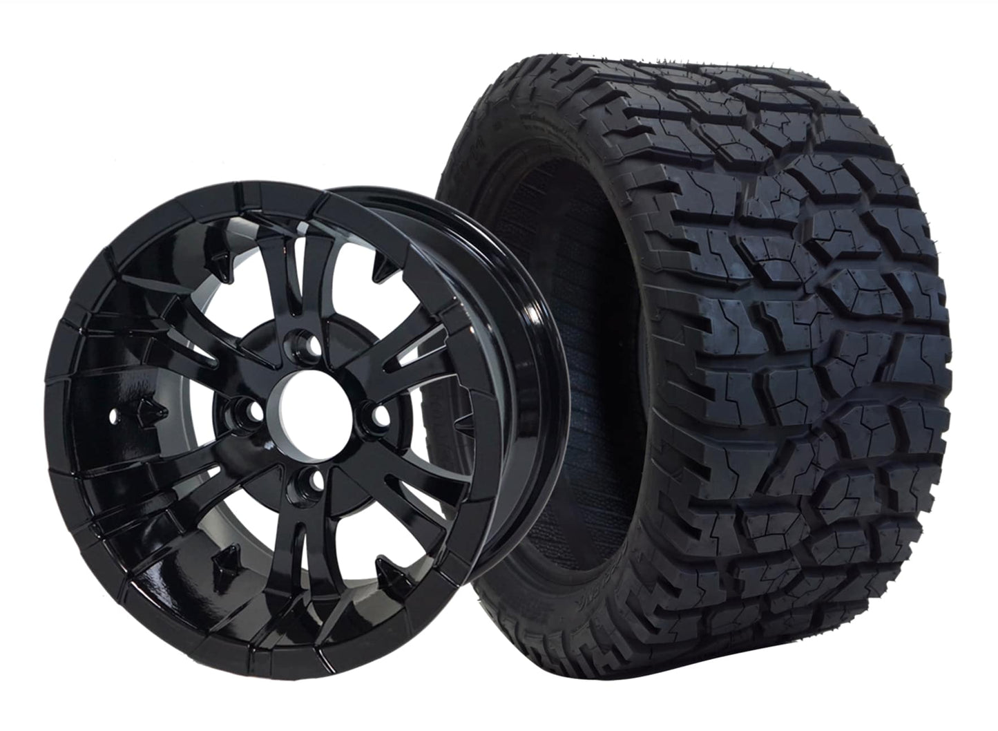 BNDL-TR1401-WH1414-LN0002-CC0002 – SGC 14″ Vampire Glossy Black Wheel – Aluminum Alloy / STEELENG 22″x10.5″-14″ GATOR All Terrain Tire DOT Approved - Set of 4