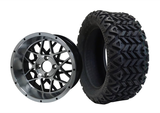 BNDL-TR1403-WH1419-LN0001-CC0001 – SGC 14″ Venom Machined/Black Wheel – Aluminum Alloy / STEELENG 23″x10″-14″ All Terrain Tire DOT Approved - Set of 4