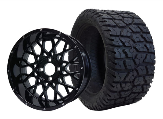 BNDL-TR1401-WH1420-LN0002-CC0002 – SGC 14″ Venom Glossy Black Wheel – Aluminum Alloy / STEELENG 22″x10.5″-14″ GATOR All Terrain Tire DOT Approved - Set of 4