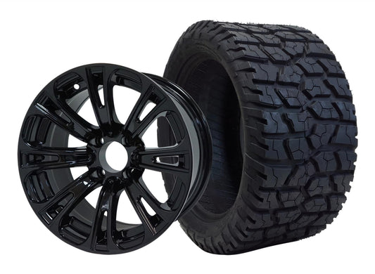 BNDL-TR1401-WH1421-LN0002-CC0002 – SGC 14″ Voodoo Glossy Black Wheel – Aluminum Alloy / STEELENG 22″x10.5″-14″ GATOR All Terrain Tire DOT Approved - Set of 4