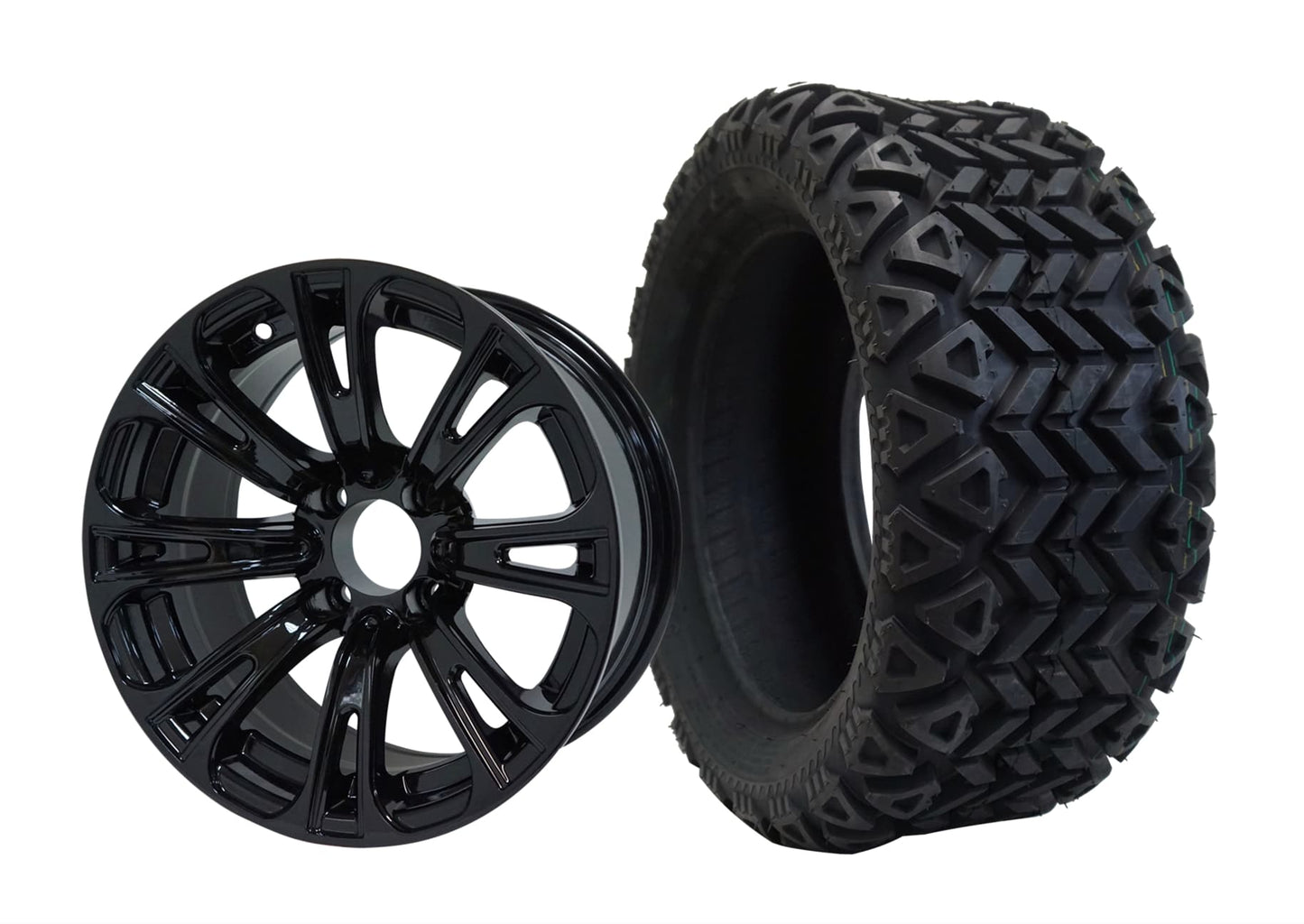 BNDL-TR1403-WH1421-LN0002-CC0002 – SGC 14″ Voodoo Glossy Black Wheel – Aluminum Alloy / STEELENG 23″x10″-14″ All Terrain Tire DOT Approved - Set of 4