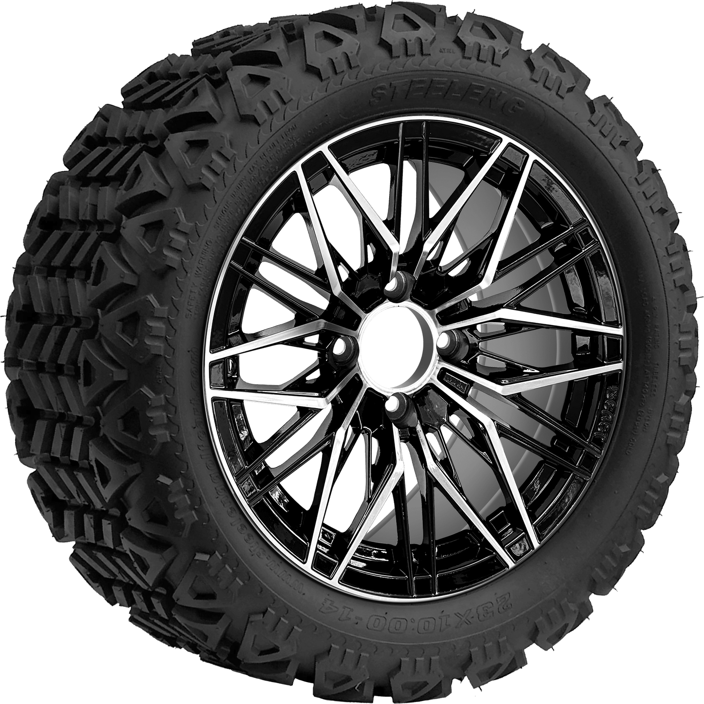 BNDL-TR1403-WH1435-LN0001-CC0025 – SGC 14″ Hornet Machined Black Wheel / STEELENG 23″x10″-14″ All Terrain Tire DOT Approved - Set of 4