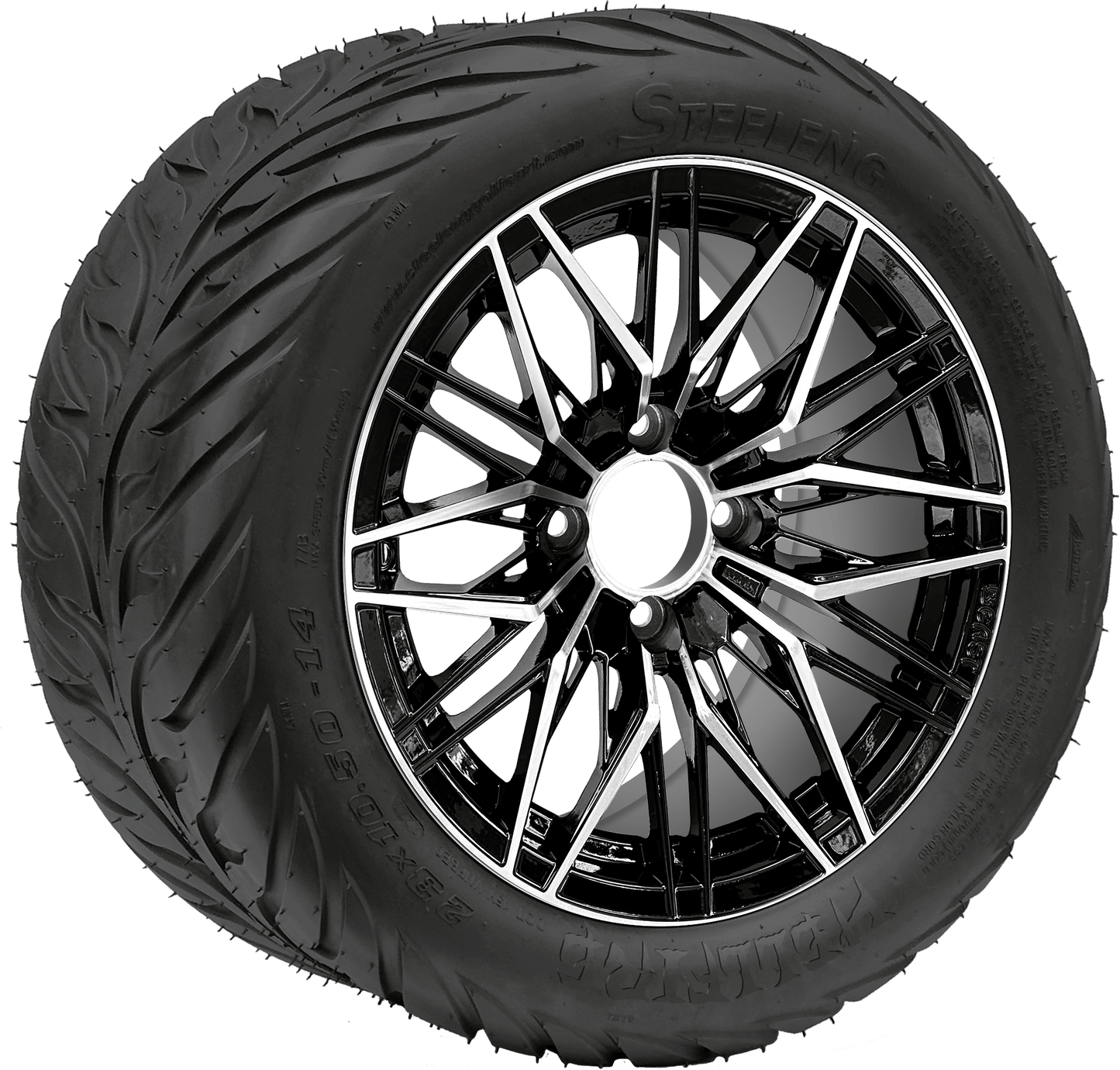 BNDL-TR1406-WH1435-LN0001-CC0025 – SGC 14″ Hornet Machined Black Wheel / STEELENG 23″x10.5″-14″ HELLFIRE Street Tire DOT Approved - Set of 4