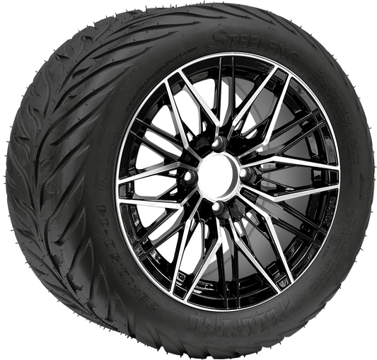 BNDL-TR1406-WH1435-LN0001-CC0025 – SGC 14″ Hornet Machined Black Wheel / STEELENG 23″x10.5″-14″ HELLFIRE Street Tire DOT Approved - Set of 4