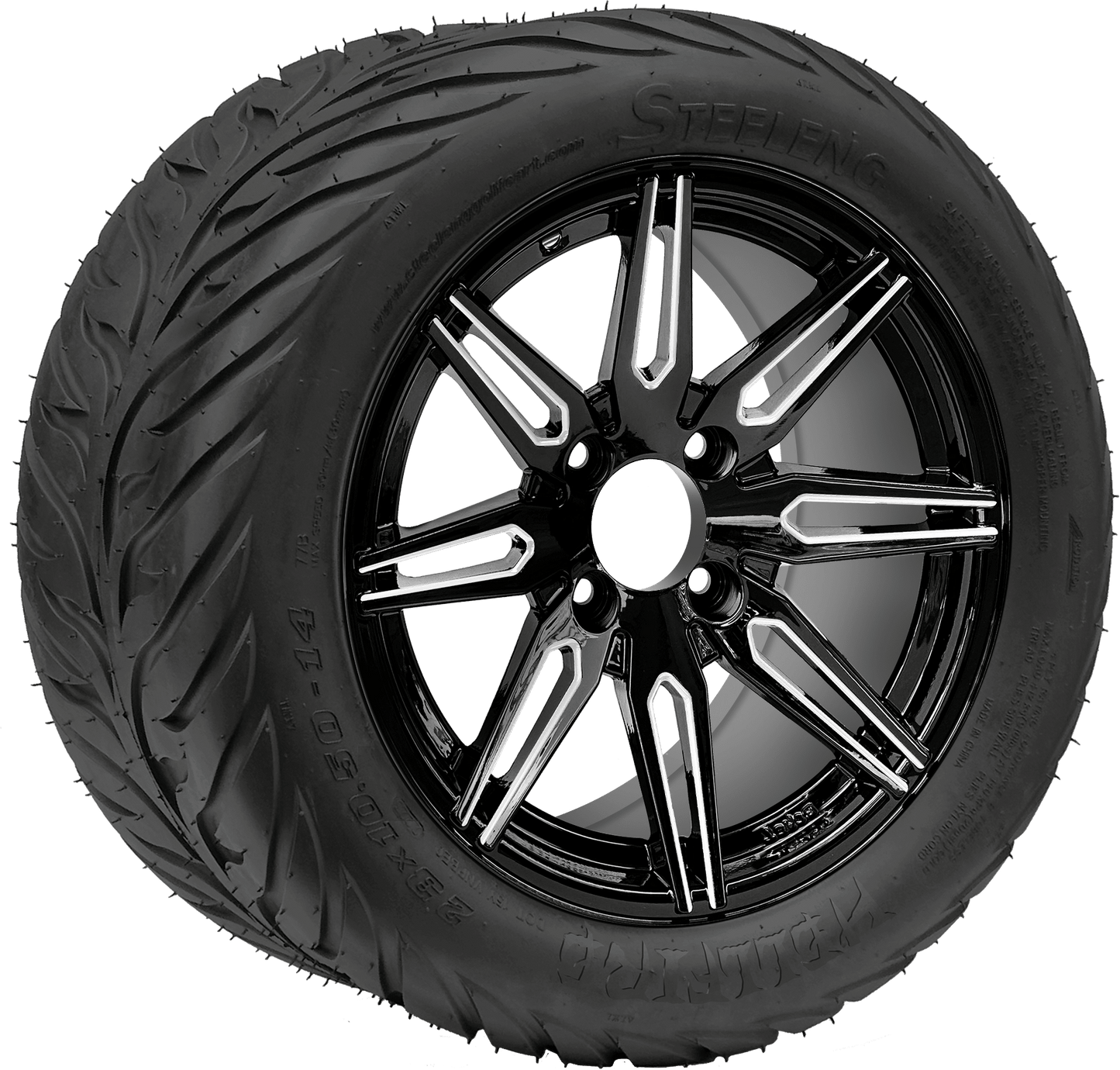 BNDL-TR1406-WH1438-LN0001-CC0025 – SGC 14″ Lynx Machined Black Wheel – Aluminum Alloy / STEELENG 23″x10″-14″ HELLFIRE Street Tire DOT Approved - Set of 4