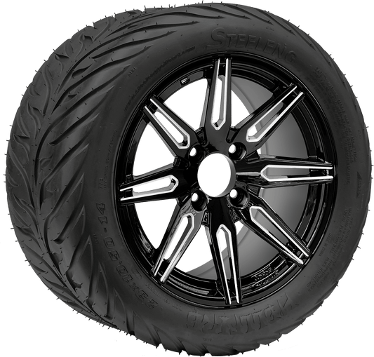 BNDL-TR1406-WH1438-LN0001-CC0025 – SGC 14″ Lynx Machined Black Wheel – Aluminum Alloy / STEELENG 23″x10″-14″ HELLFIRE Street Tire DOT Approved - Set of 4