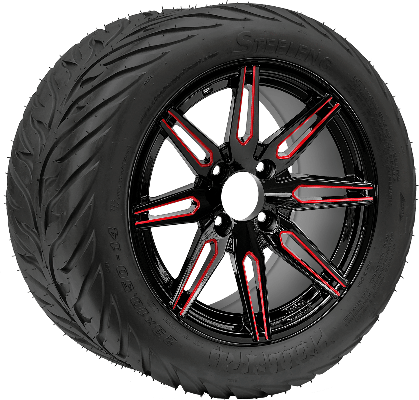 BNDL-TR1406-WH1439-LN0005-CC0020 – SGC 14″ Lynx Red/Black Wheel – Aluminum Alloy / STEELENG 23″x10.5″-14″ HELLFIRE Street Tire DOT Approved - Set of 4