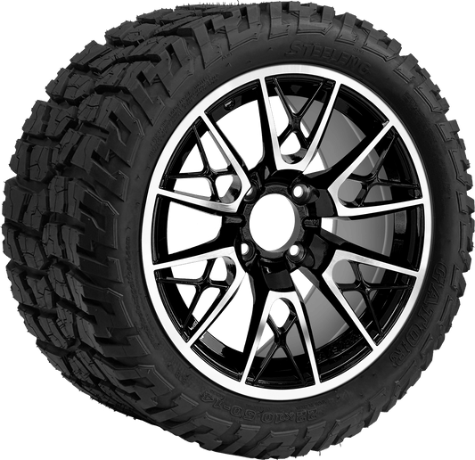 BNDL-TR1401-WH1440-LN0001-CC0025 – SGC 14″ Saber Tooth Machined Black Wheel – Aluminum Alloy / STEELENG 22″x10.5″-14″ GATOR All Terrain DOT Approved - Set of 4