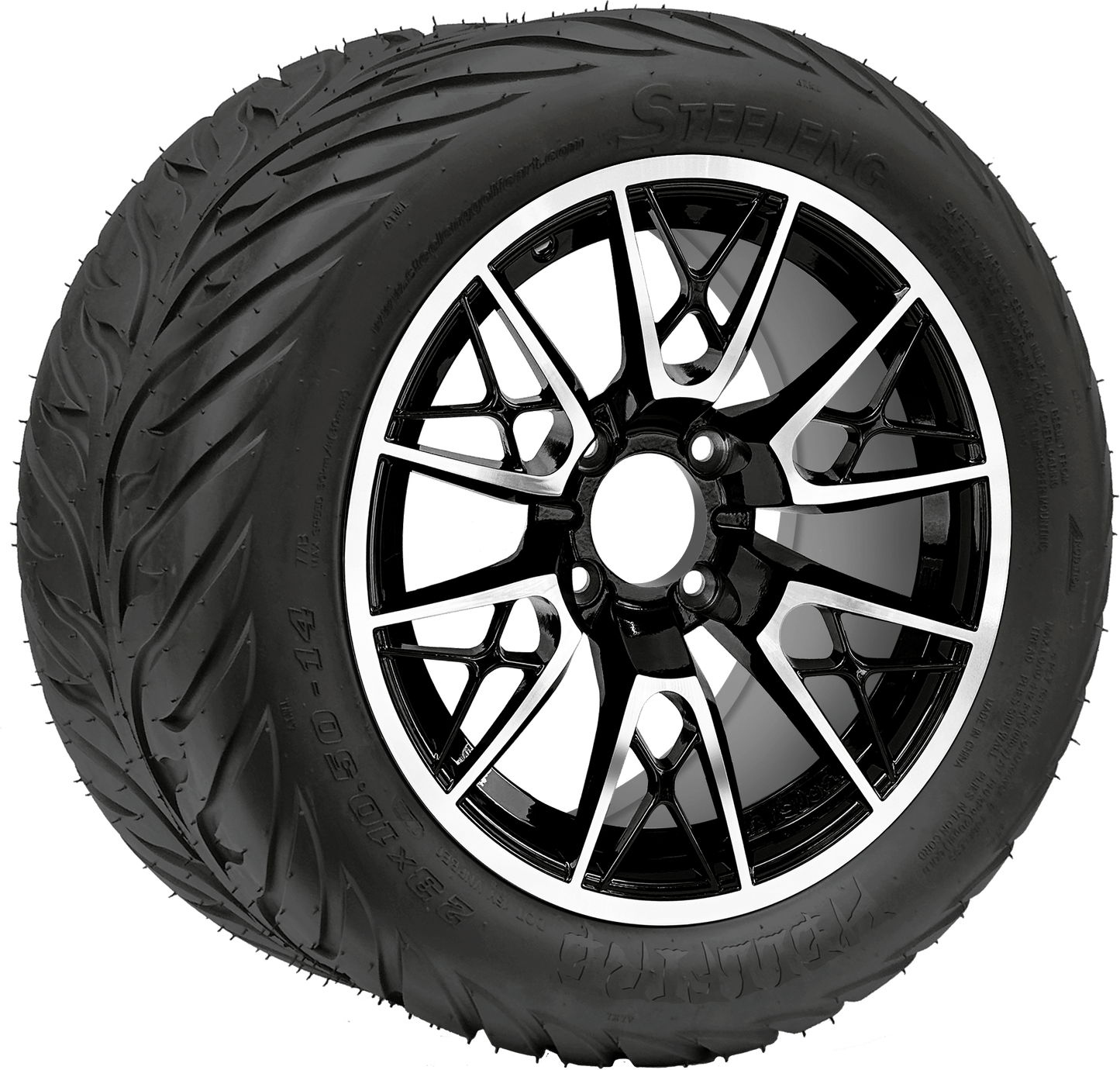 BNDL-TR1406-WH1440-LN0001-CC0025 – SGC 14″ Saber Tooth Machined Black Wheel / STEELENG 23″x10.5″-14″ HELLFIRE Street Tire DOT Approved - Set of 4