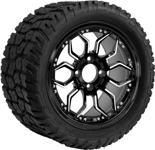 BNDL-TR1401-WH1443-LN0001-CC0025 – SGC 14″ Scorpion Machined Black Wheel – Aluminum Alloy / STEELENG 22″x10.5″-14″ GATOR All Terrain DOT Approved - Set of 4