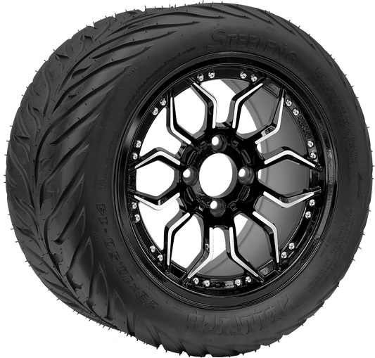 BNDL-TR1406-WH1443-LN0001-CC0025 – SGC 14″ Scorpion Machined Black Wheel / STEELENG 23″x10.5″-14″ HELLFIRE All Terrain DOT Approved - Set of 4