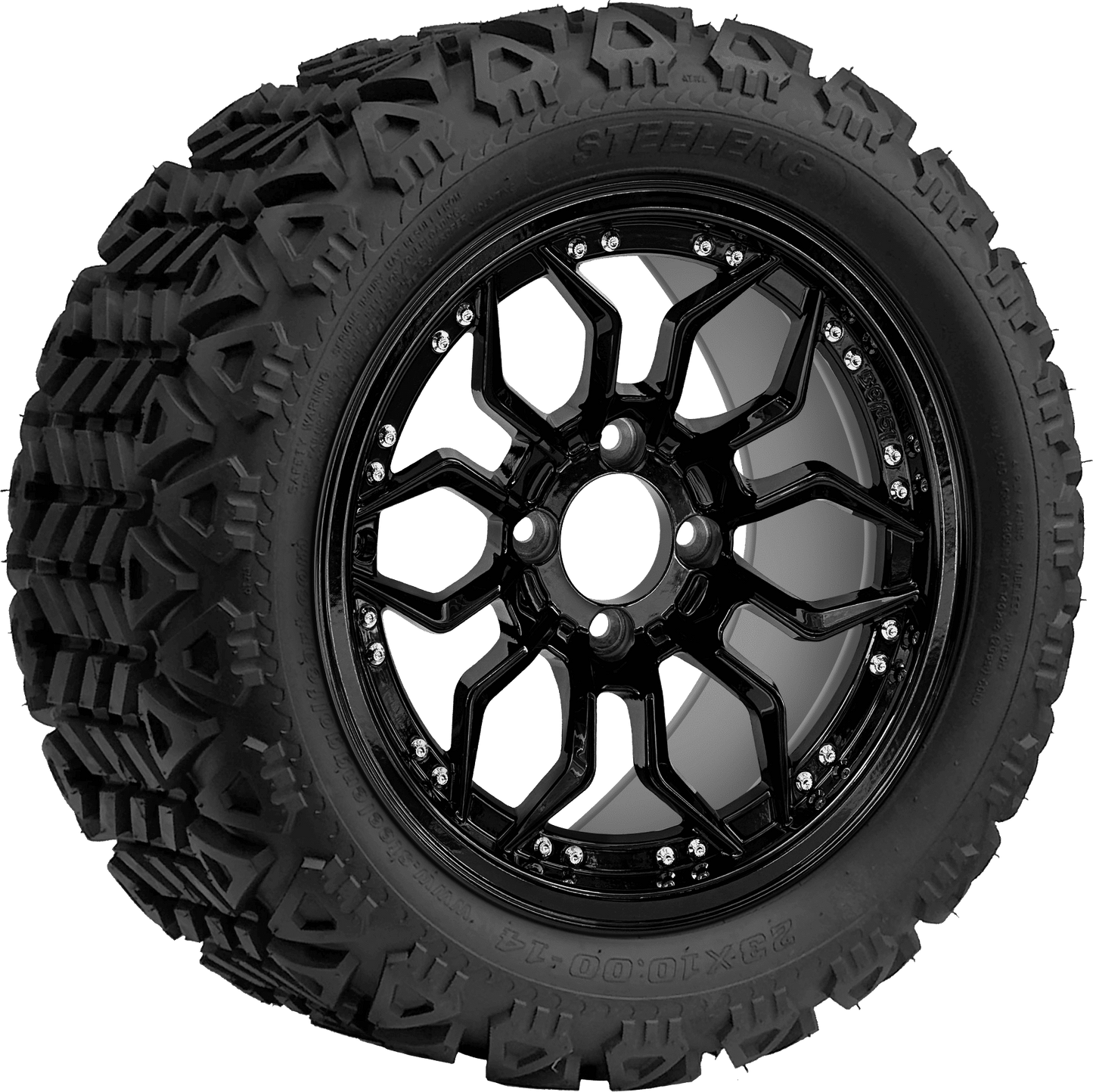 BNDL-TR1403-WH1444-LN0002-CC0027 – SGC 14″ Scorpion Glossy Black Wheel / STEELENG 23″x10″-14″ All Terrain Tire DOT Approved - Set of 4