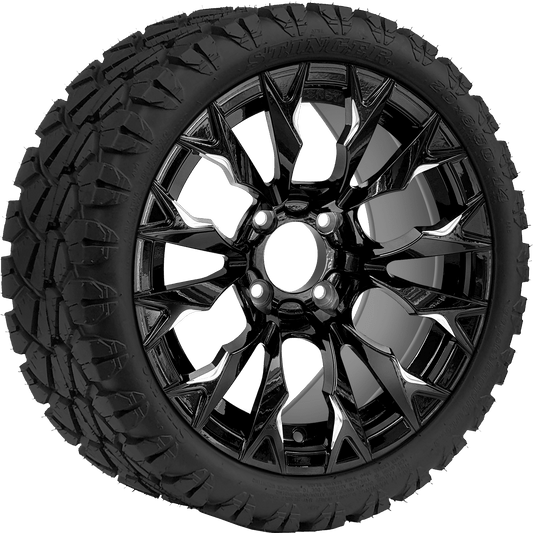 BNDL-TR1402-WH1449-LN0001-CC0025 – SGC 14″ Goblin Machined Black Wheel – Aluminum Alloy / STEELENG 20″x8.5″-14″ STINGER AT Tire DOT Approved - Set of 4