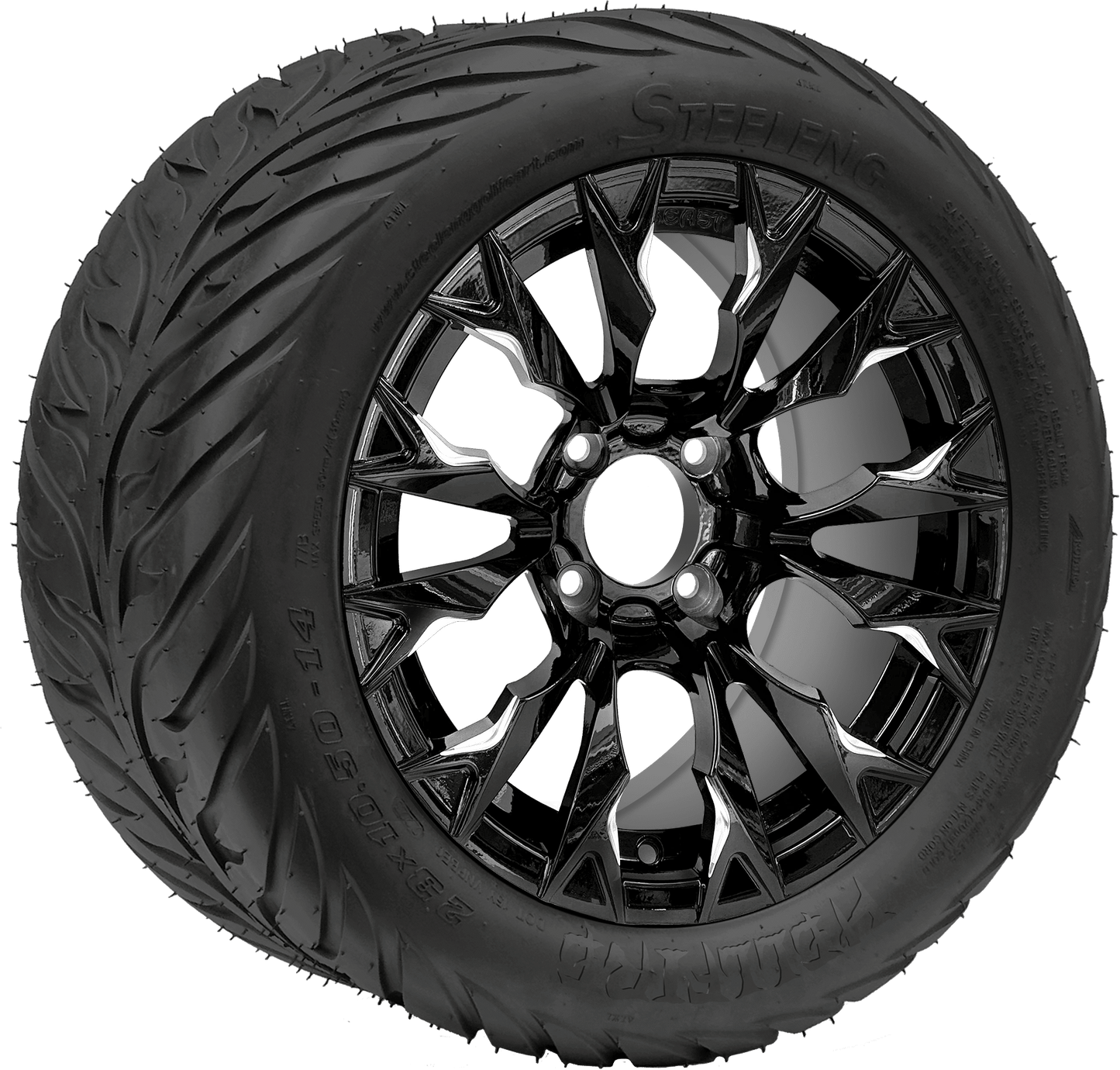 BNDL-TR1406-WH1449-LN0001-CC0025 – SGC 14″ Goblin Machined Black Wheel / STEELENG 23″x10.5″-14″ HELLFIRE All Terrain DOT Approved - Set of 4