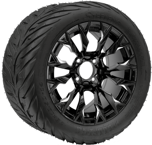 BNDL-TR1406-WH1449-LN0001-CC0025 – SGC 14″ Goblin Machined Black Wheel / STEELENG 23″x10.5″-14″ HELLFIRE All Terrain DOT Approved - Set of 4